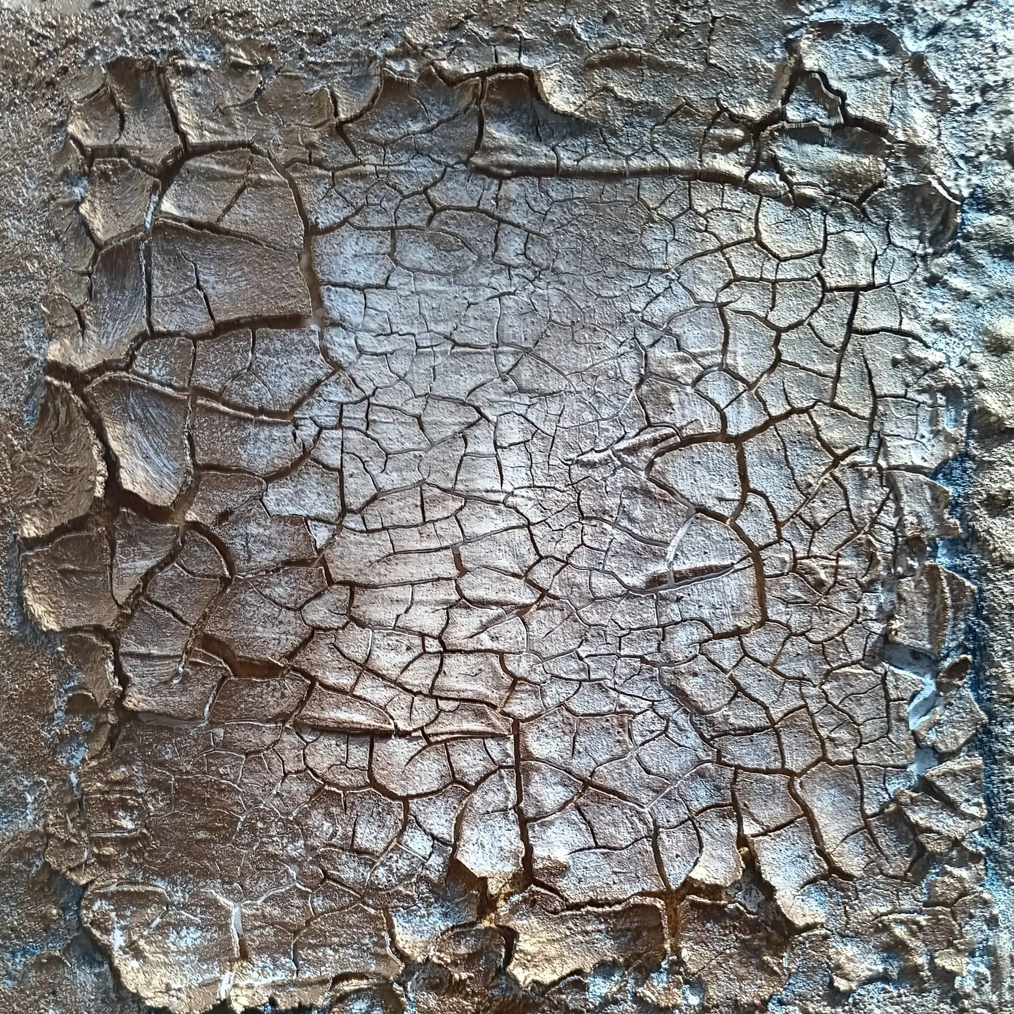 TITEL: Das geerdete Quadrat BESCHREIBUNG : Ein von tiefen Rissen durchzogenes, quadratisches Feld, das die Schönheit der Vergänglichkeit in fester Form einfängt.